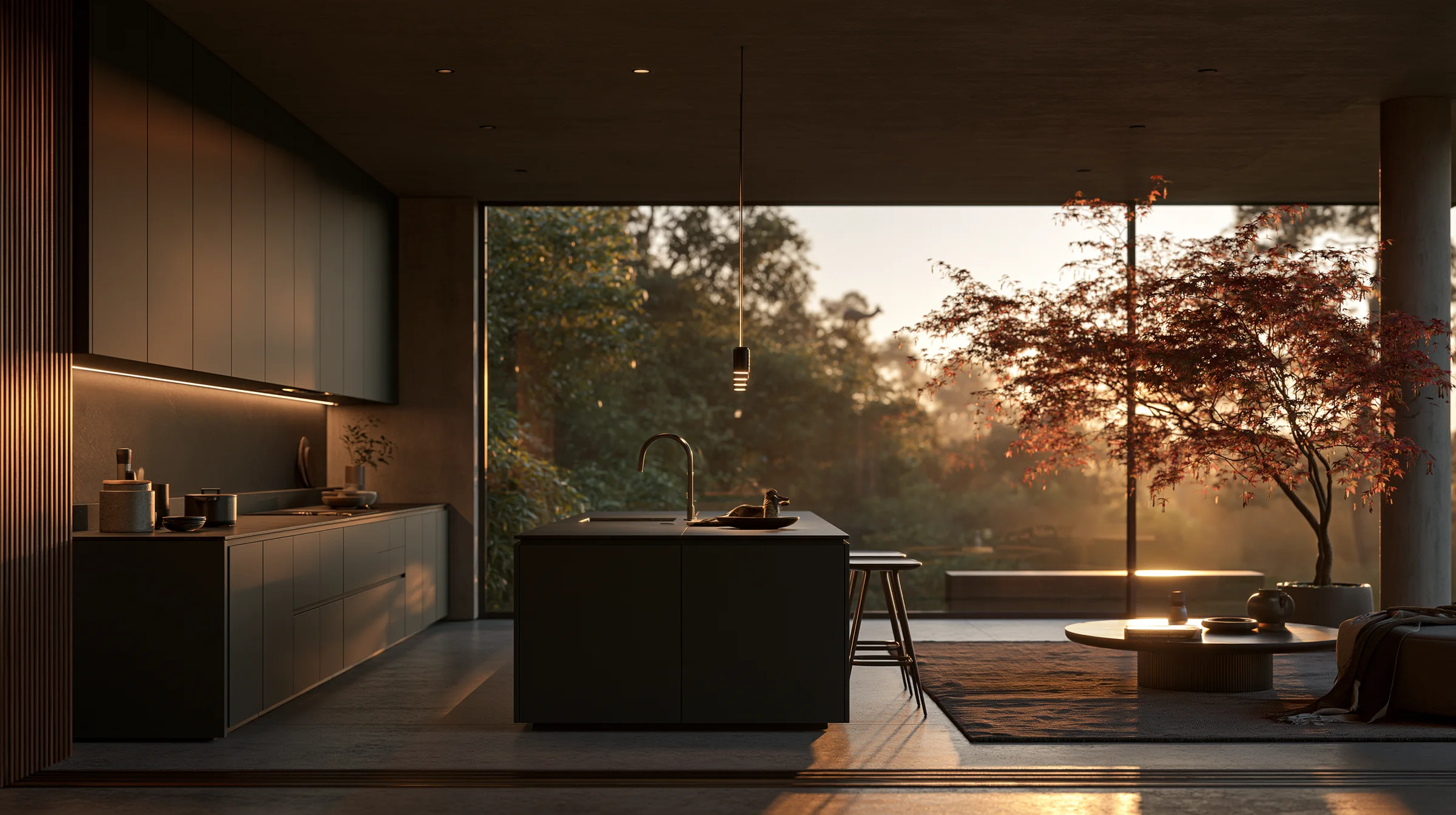 Cocina en laca oscura al atardecer