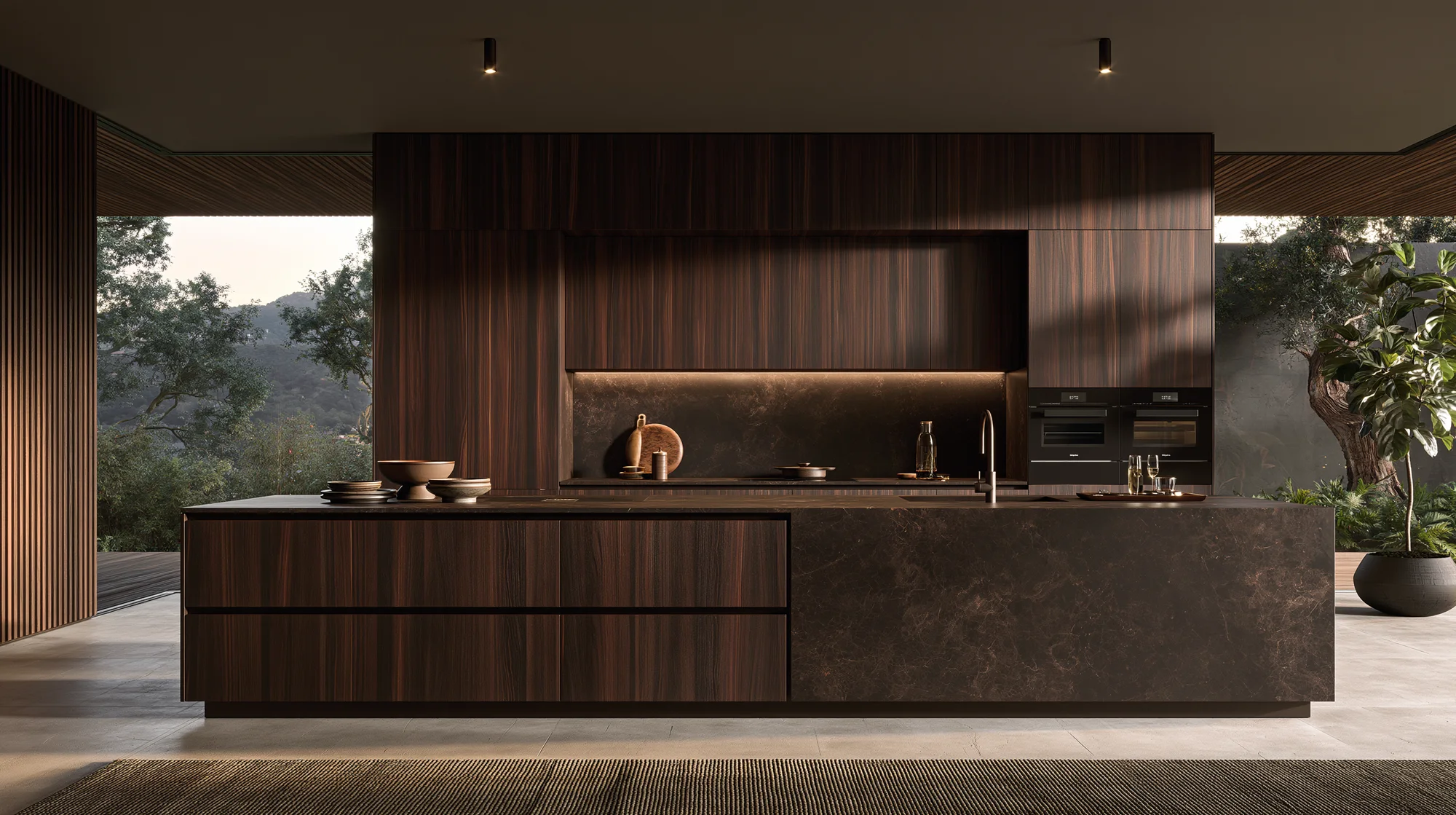 Cocina al atardecer integrada en la casa