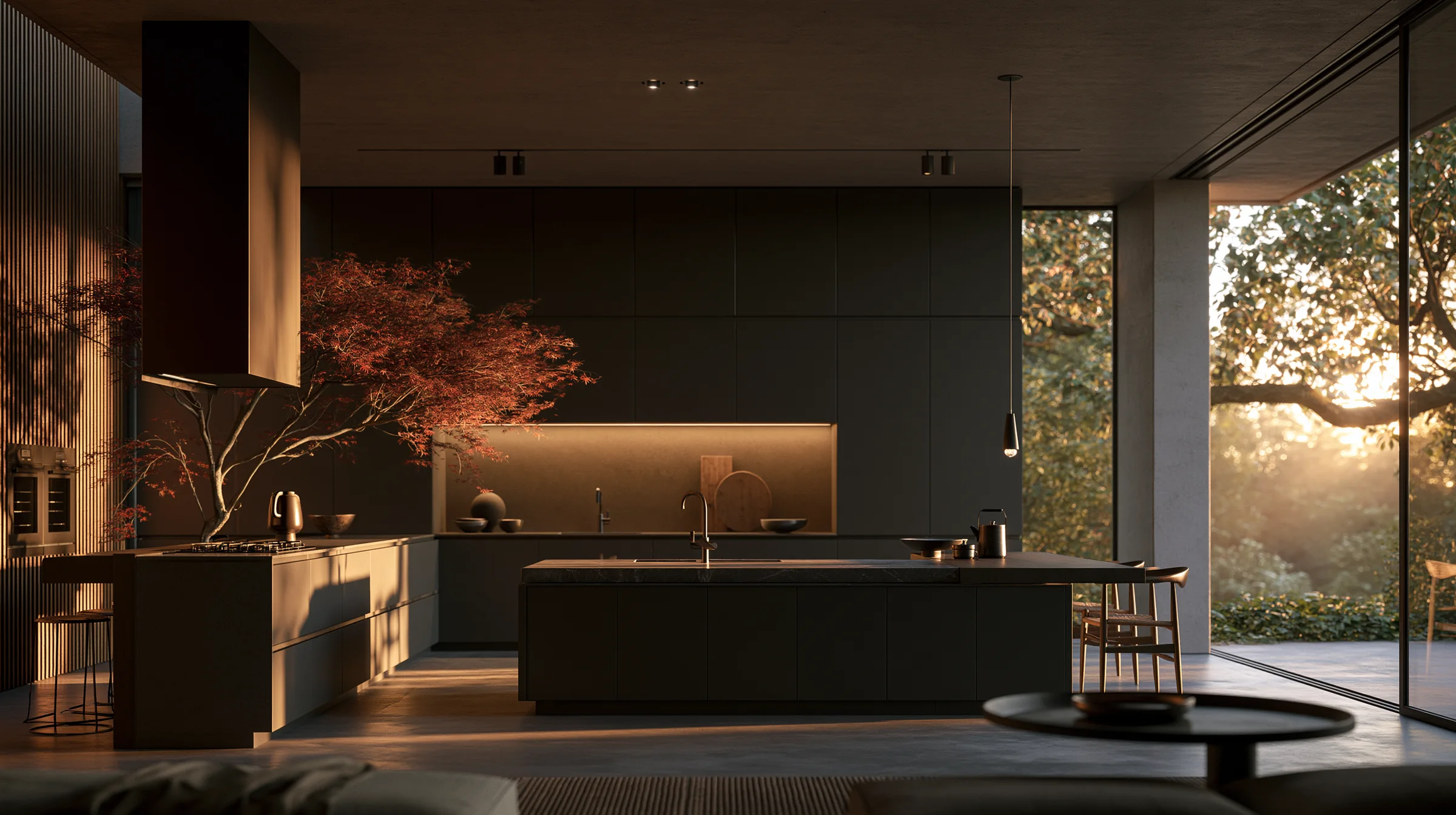 Cocina en laca oscura al atardecer
