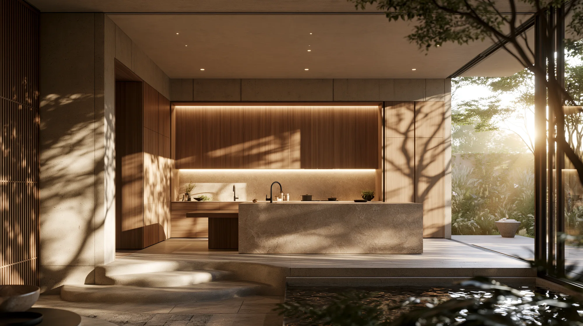 Cocina en laca oscura con luz de tarde