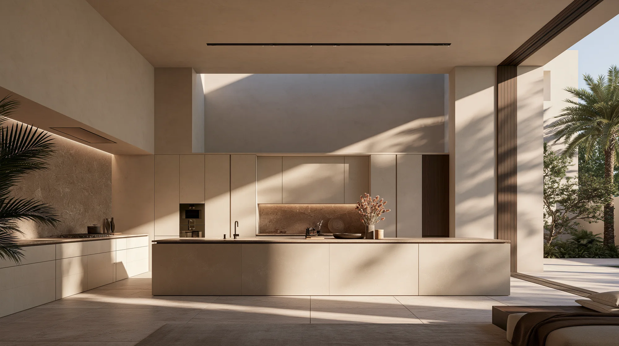 Cocina en laca oscura con luz de tarde